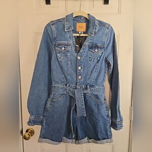 PAIGE Women's Blue Denim Romper Shorts With Belt Size 6 NWT